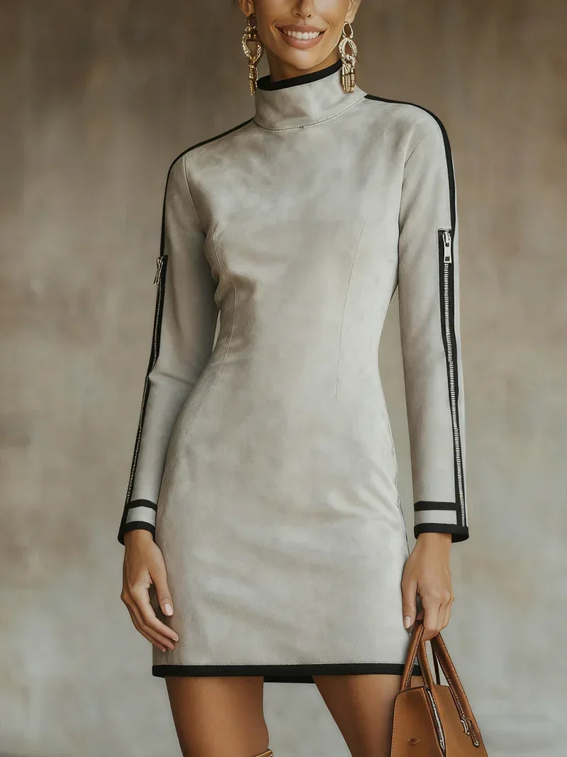 Light Gray Faux Suede High-neck Zip-up Mini Dress - NuaVibe