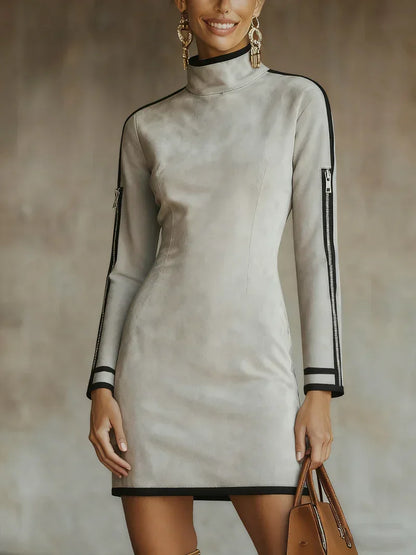 Light Gray Faux Suede High-neck Zip-up Mini Dress - NuaVibe