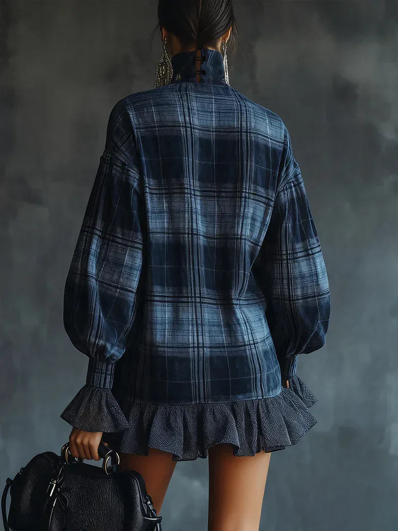Blue Plaid Turtleneck Mesh Ruffle Mini Dress - NuaVibe