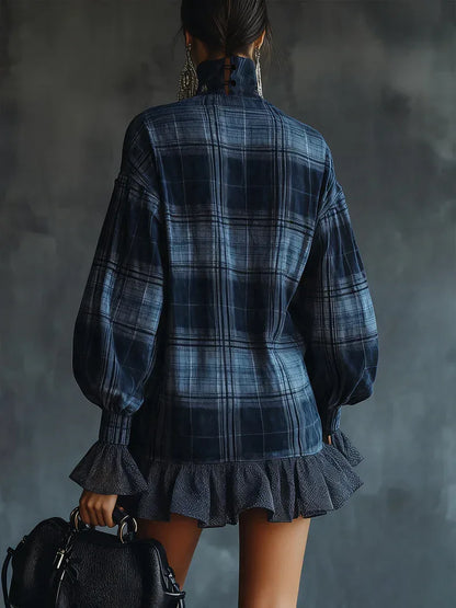 Blue Plaid Turtleneck Mesh Ruffle Mini Dress - NuaVibe