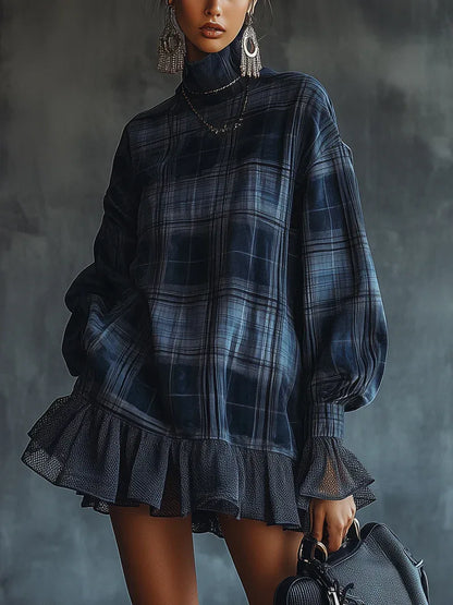 Blue Plaid Turtleneck Mesh Ruffle Mini Dress - NuaVibe