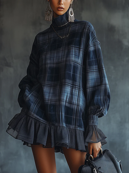 Blue Plaid Turtleneck Mesh Ruffle Mini Dress