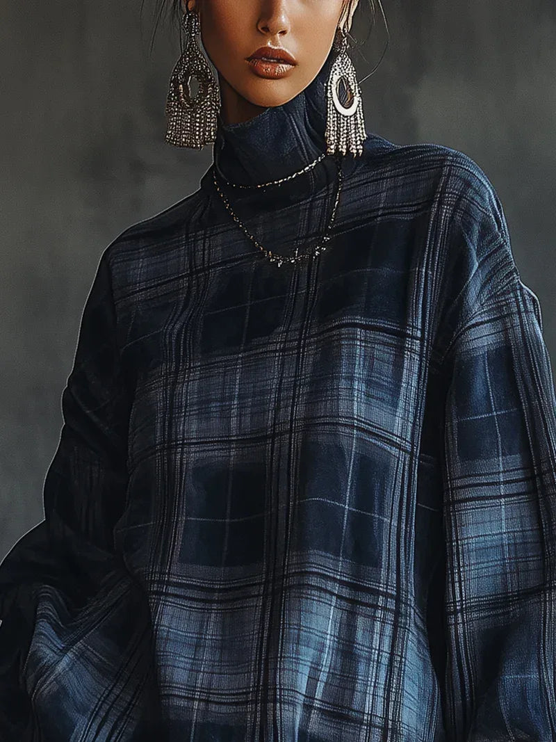 Blue Plaid Turtleneck Mesh Ruffle Mini Dress - NuaVibe