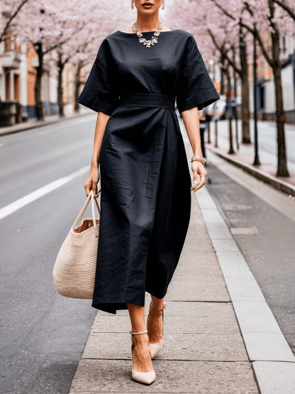 Linen Boat Neck Tie Loose Dress