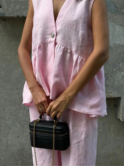 Cotton and linen V-neck ruffled two-piece suit