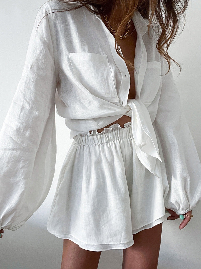 Balloon Sleeve Shirt Linen Two-Piece Shorts