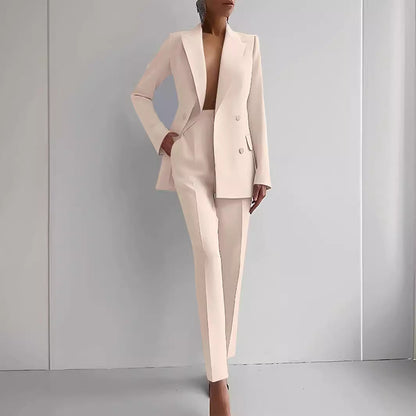 Casual Commuting Solid Color Blazer & High Waist Pants Set