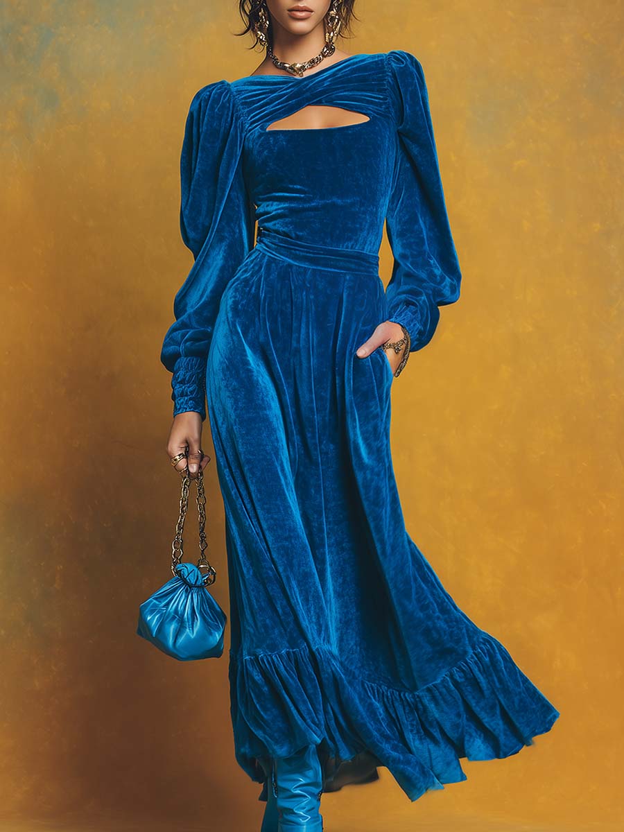 Retro-style velvet maxi dress with open neckline and puff hem