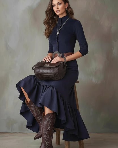 Vintage Suede-Look Mock Neck Mermaid Dress | Slim Fit