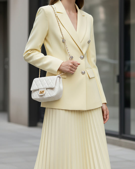 Elegant and simple light yellow V-neck corduroy midi dress