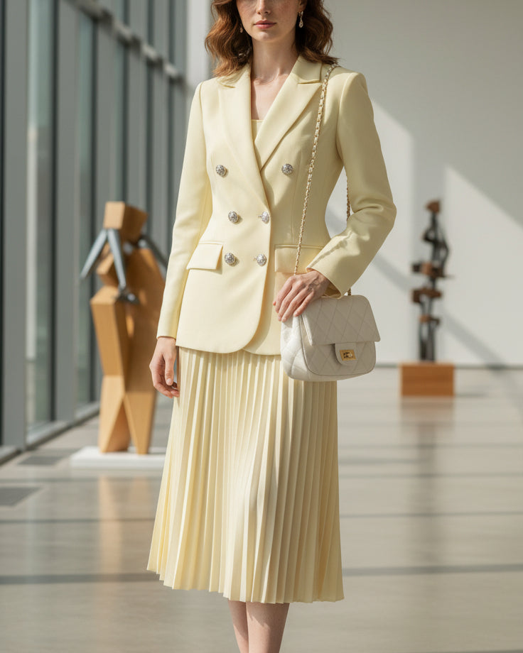 Elegant and simple light yellow V-neck corduroy midi dress
