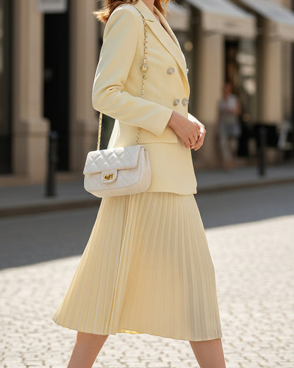 Elegant and simple light yellow V-neck corduroy midi dress