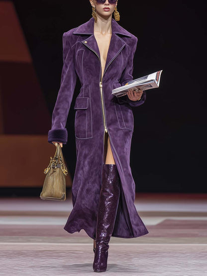 Retro purple fashionable oversized lapel zip-up faux suede slit coat