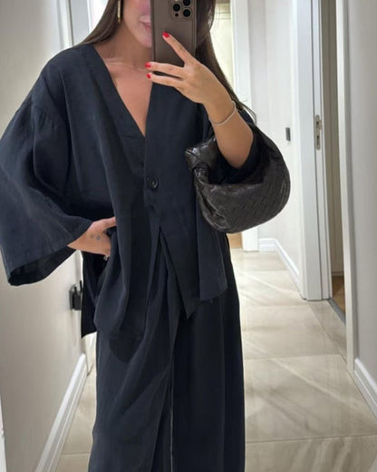 Casual V-Neck Top & Pants Two-Piece Set