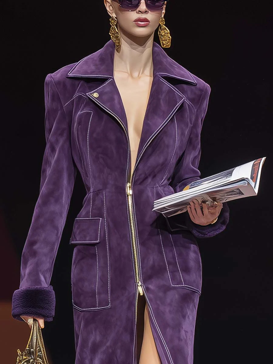 Retro purple fashionable oversized lapel zip-up faux suede slit coat
