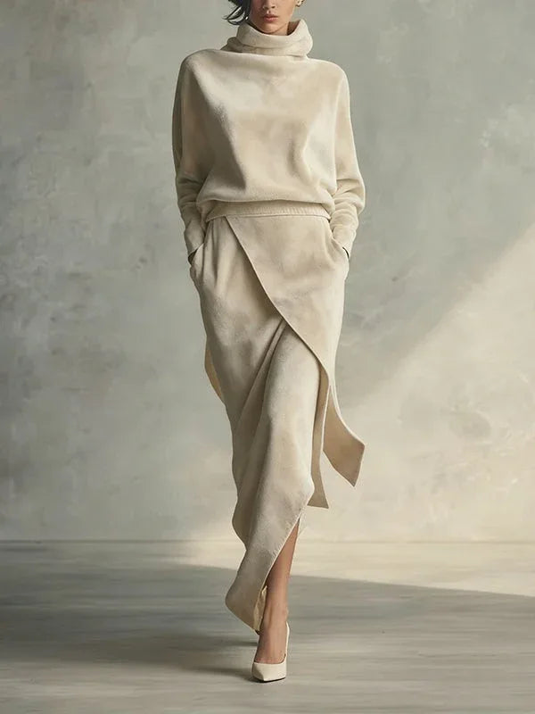 Solid color asymmetrical casual velvet set - NuaVibe