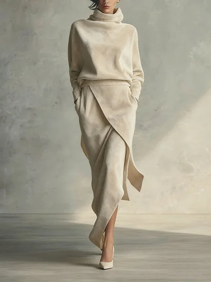 Solid color asymmetrical casual velvet set - NuaVibe