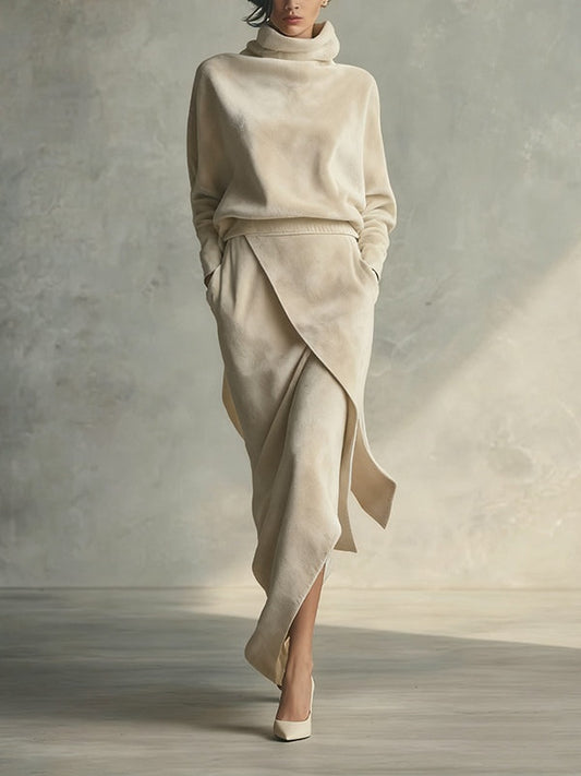 Solid color asymmetrical casual velvet set