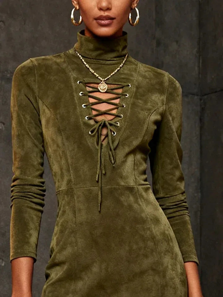 Olive Lace-Up Faux Suede Turtleneck Mini Dress - NuaVibe