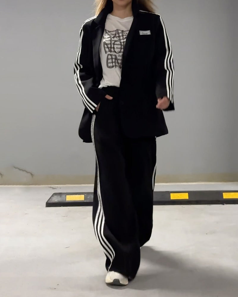 Fashionable Striped Blazer & Wide Leg Pants Two-Piece Set