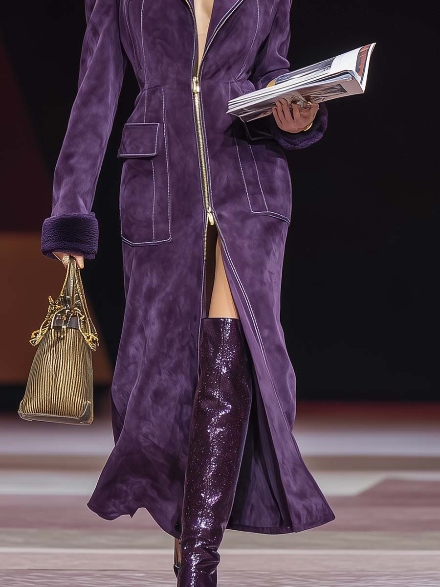 Retro purple fashionable oversized lapel zip-up faux suede slit coat