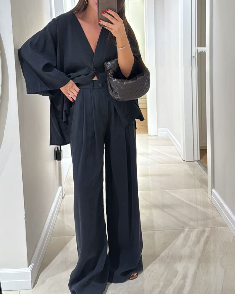 Casual V-Neck Top & Pants Two-Piece Set