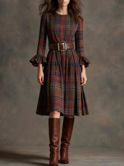Round neck, ruffled, color-blocked plaid midi dress (with belt)