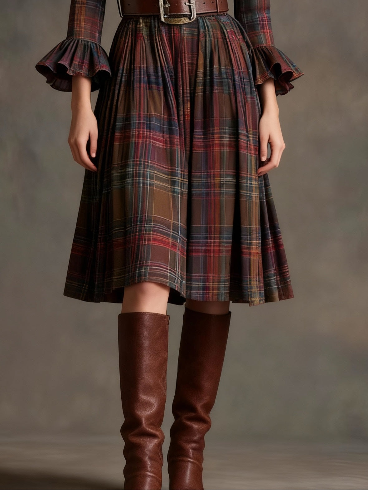 Round neck, ruffled, color-blocked plaid midi dress (with belt)