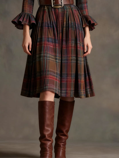 Round neck, ruffled, color-blocked plaid midi dress (with belt)