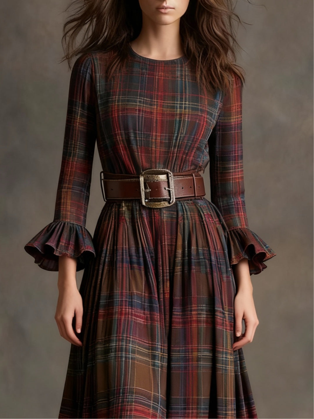 Round neck, ruffled, color-blocked plaid midi dress (with belt)