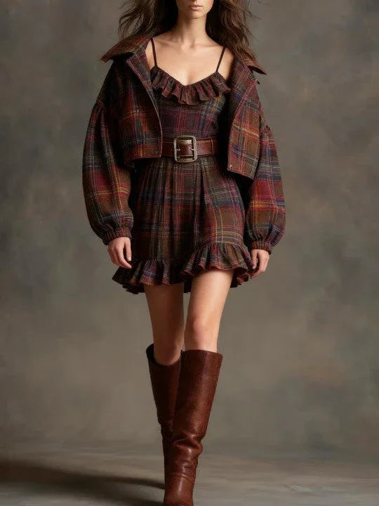 Vintage Plaid Ruffle Mini Dress and Loose Jacket Set（Includes belt） - NuaVibe