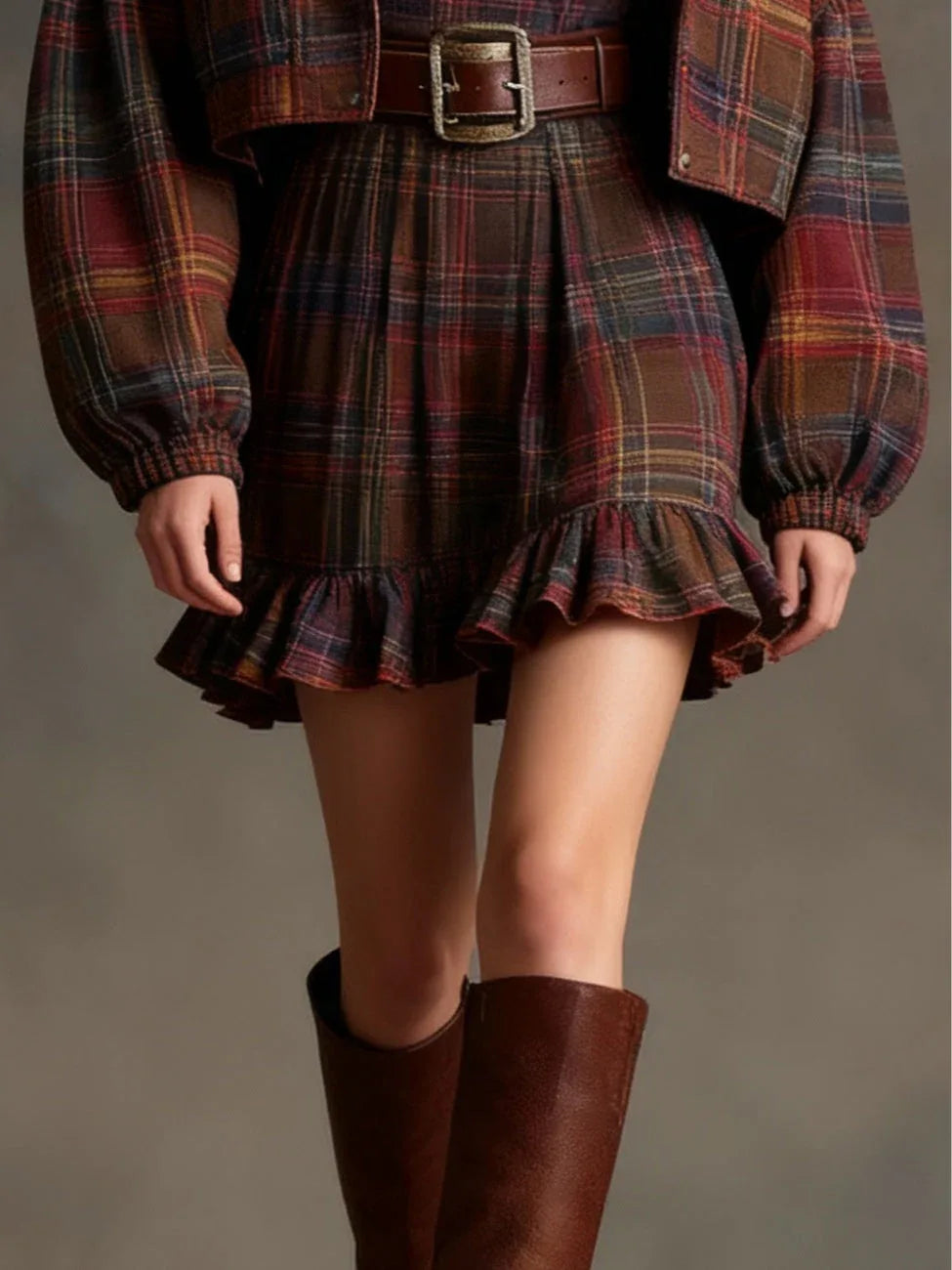 Vintage Plaid Ruffle Mini Dress and Loose Jacket Set（Includes belt） - NuaVibe
