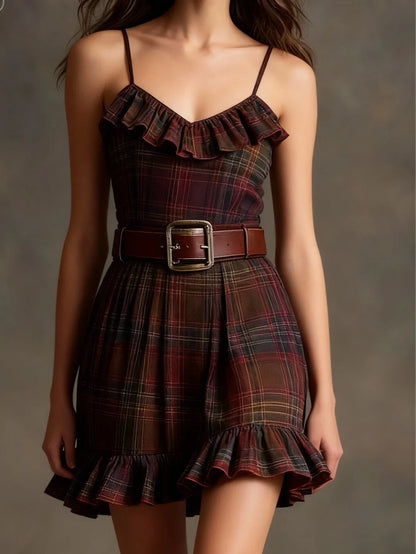 Vintage Plaid Ruffle Mini Dress and Loose Jacket Set（Includes belt） - NuaVibe