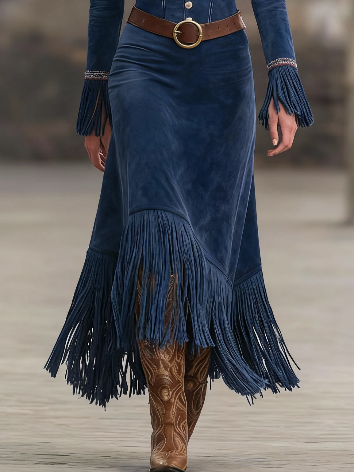 Retro Embroidered Dark Blue Faux Suede Tassel Maxi Dress（Includes belt）