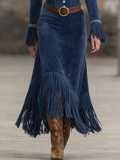 Retro Embroidered Dark Blue Faux Suede Tassel Maxi Dress（Includes belt）