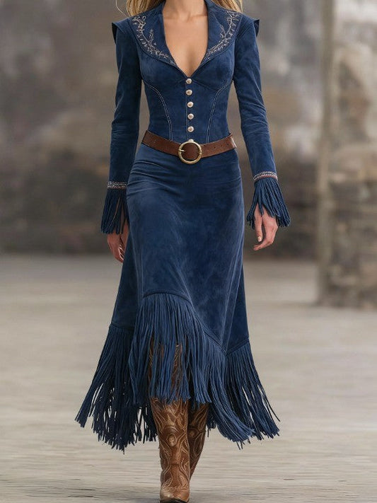 Retro Embroidered Dark Blue Faux Suede Tassel Maxi Dress（Includes belt）