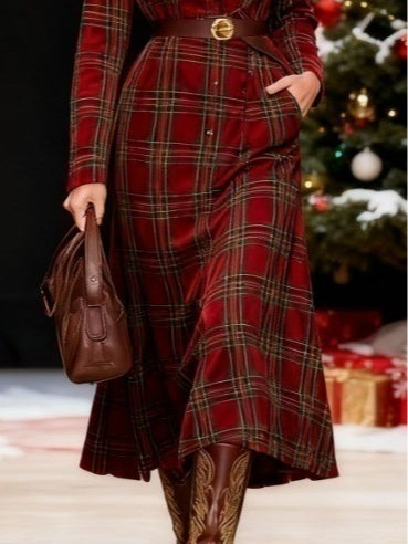 Christmas red plaid collar button-down shirt dress（Includes belt）