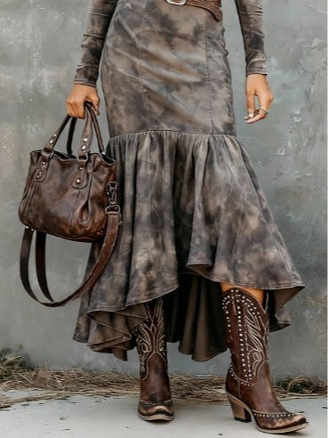 Vintage Polyester Flare Hem Midi Dress（Includes belt）