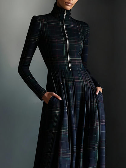 Dark green plaid zip-up turtleneck maxi dress