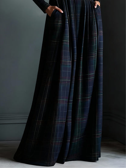 Dark green plaid zip-up turtleneck maxi dress