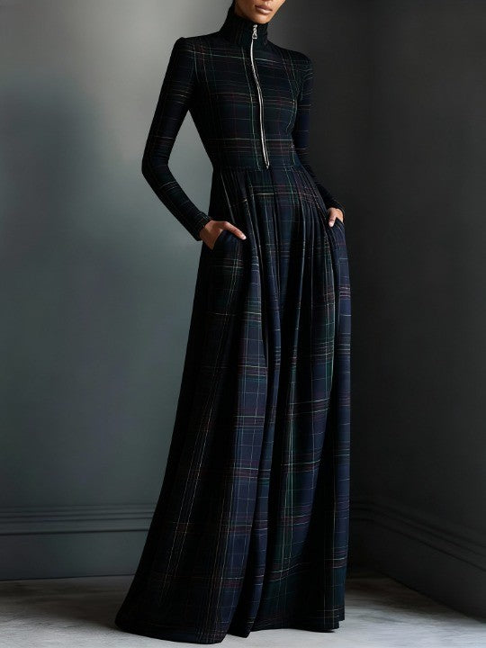 Dark green plaid zip-up turtleneck maxi dress