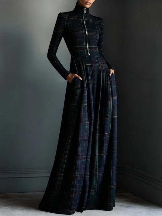 Dark green plaid zip-up turtleneck maxi dress