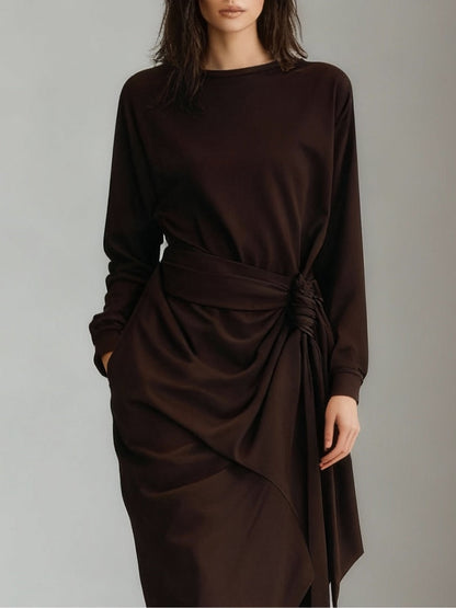Dark brown draped tie-waist asymmetrical midi dress