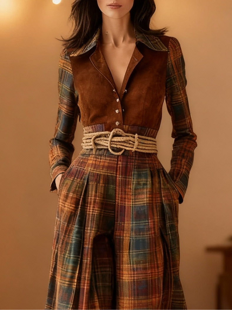 Retro-style brown-red plaid print patchwork faux suede maxi dress (including belt)