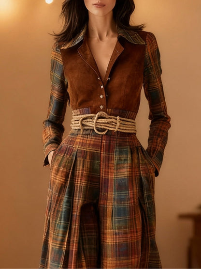 Retro-style brown-red plaid print patchwork faux suede maxi dress (including belt)