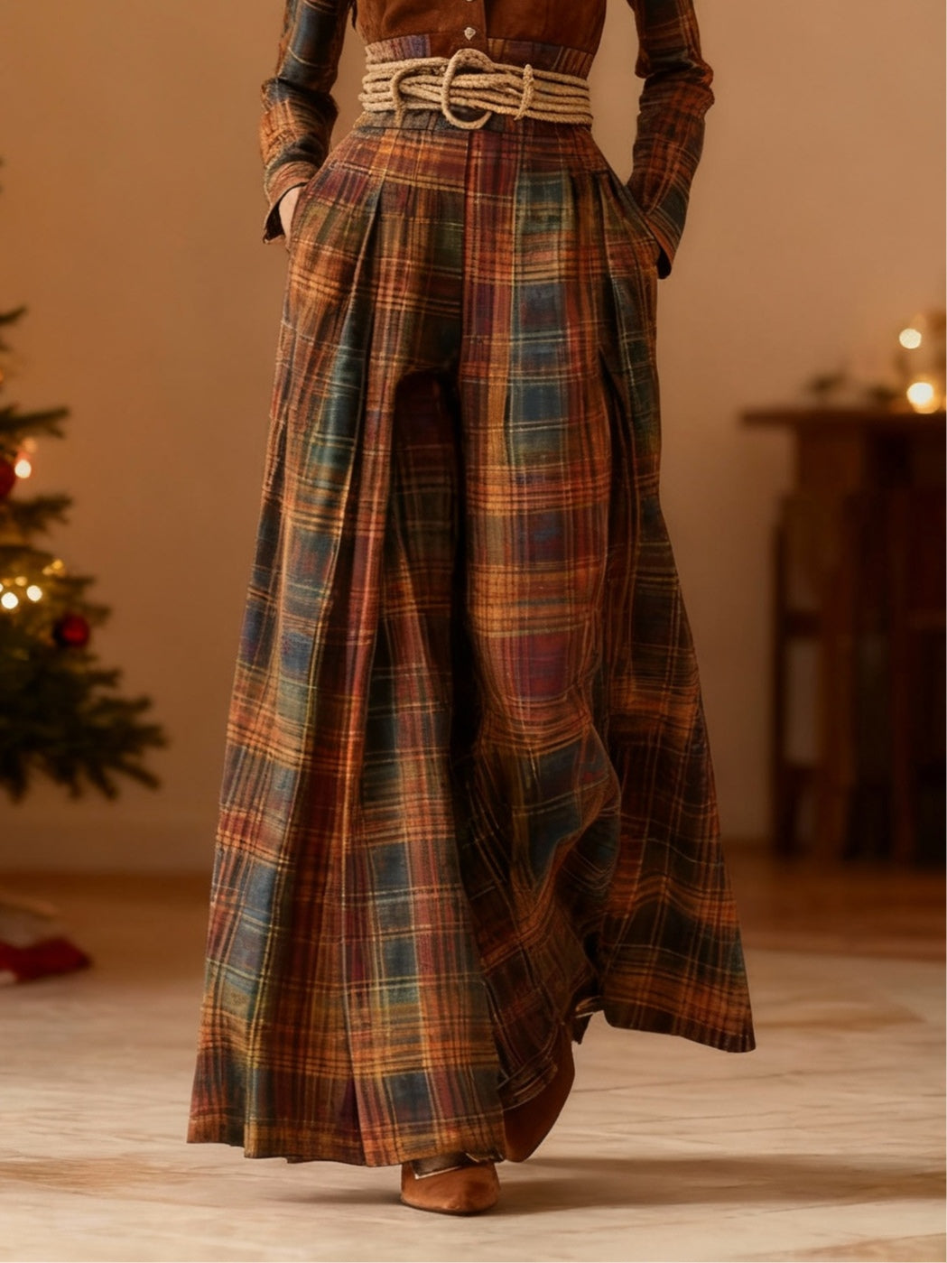 Retro-style brown-red plaid print patchwork faux suede maxi dress (including belt)