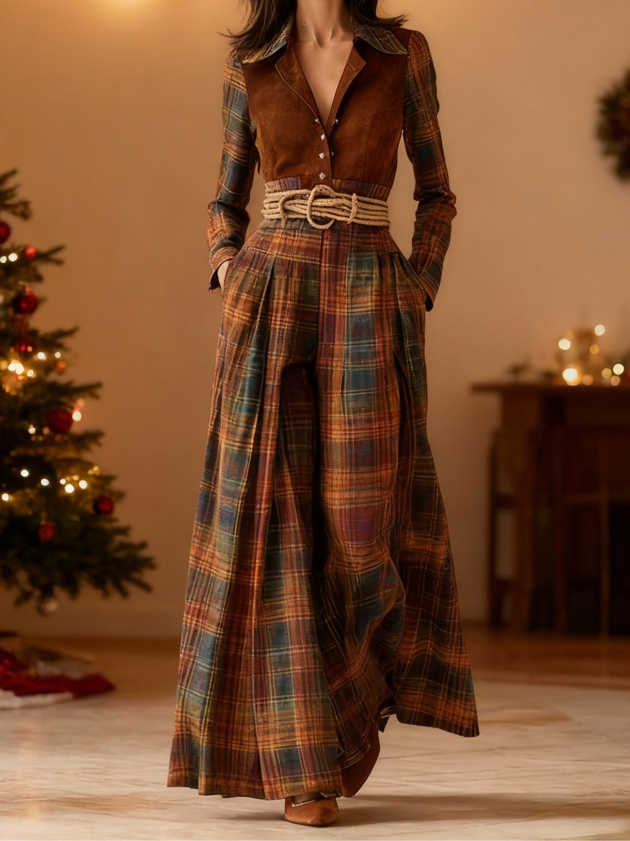 Retro-style brown-red plaid print patchwork faux suede maxi dress (including belt)