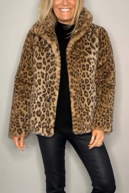 Stylish Leopard Print Lapel Faux Fur Mid-length Coat