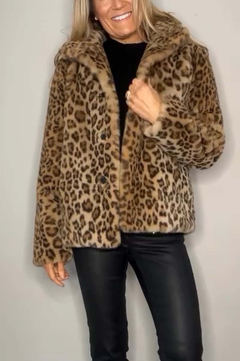 Leopard Print Collar Faux Fur Short Coat