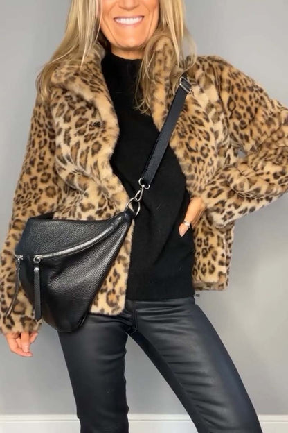 Leopard Print Collar Faux Fur Short Coat